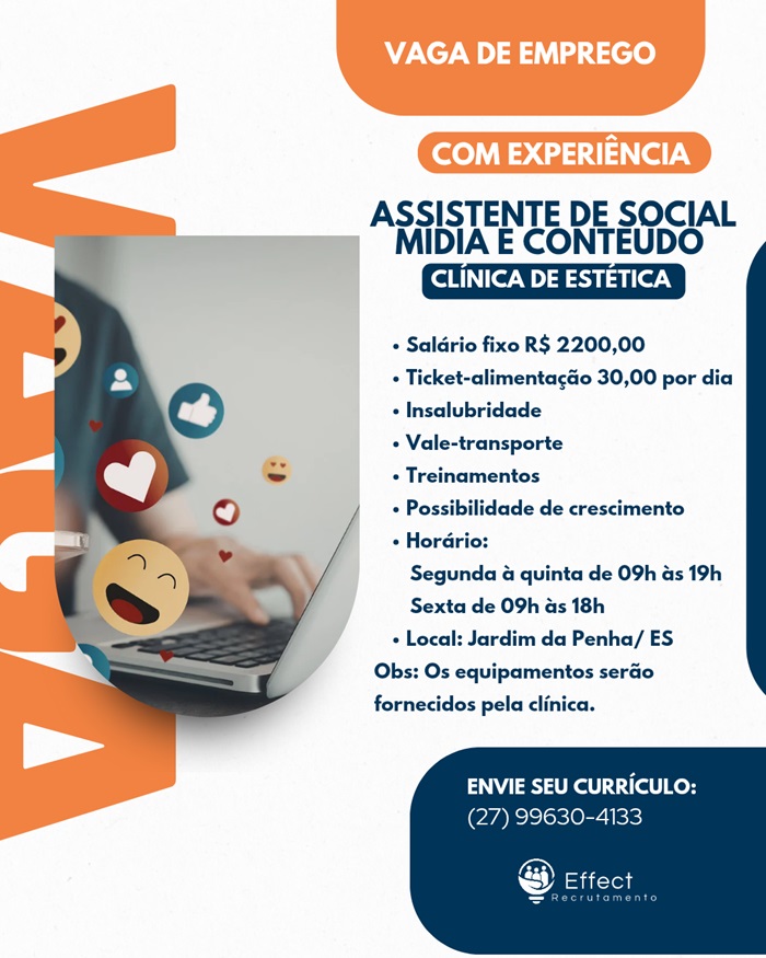 VAGA DE ASSISTENTE DE SOCIAL MIDIA E CONTEÚDO