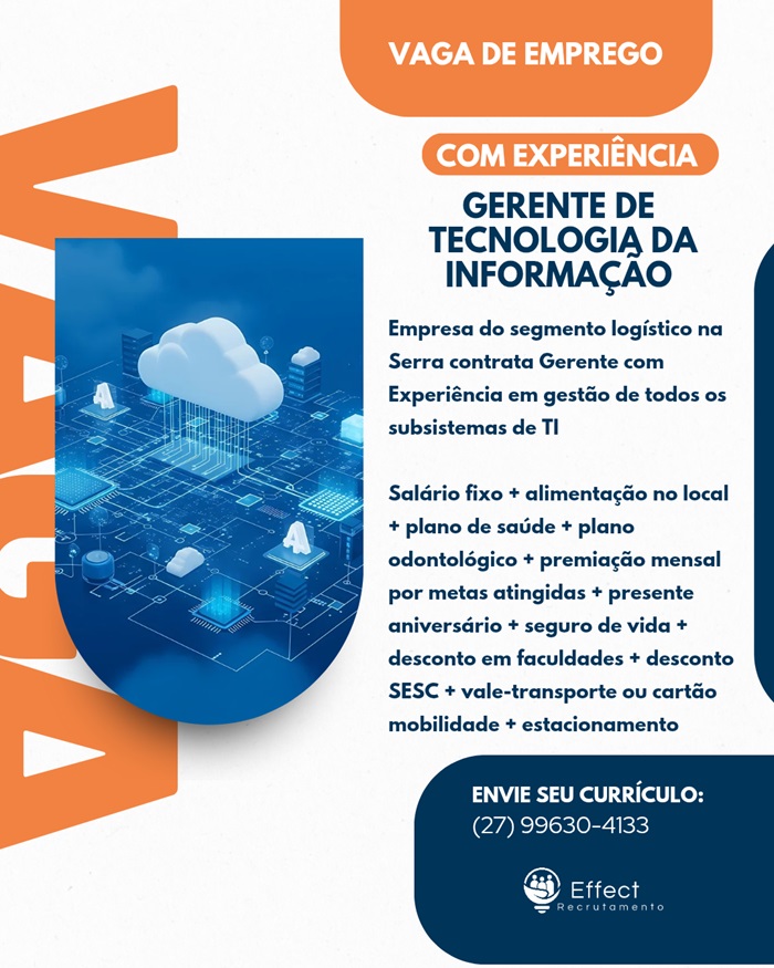 VAGA DE GERENTE DE TECNOLOGIA DA INFORMAÇÃO