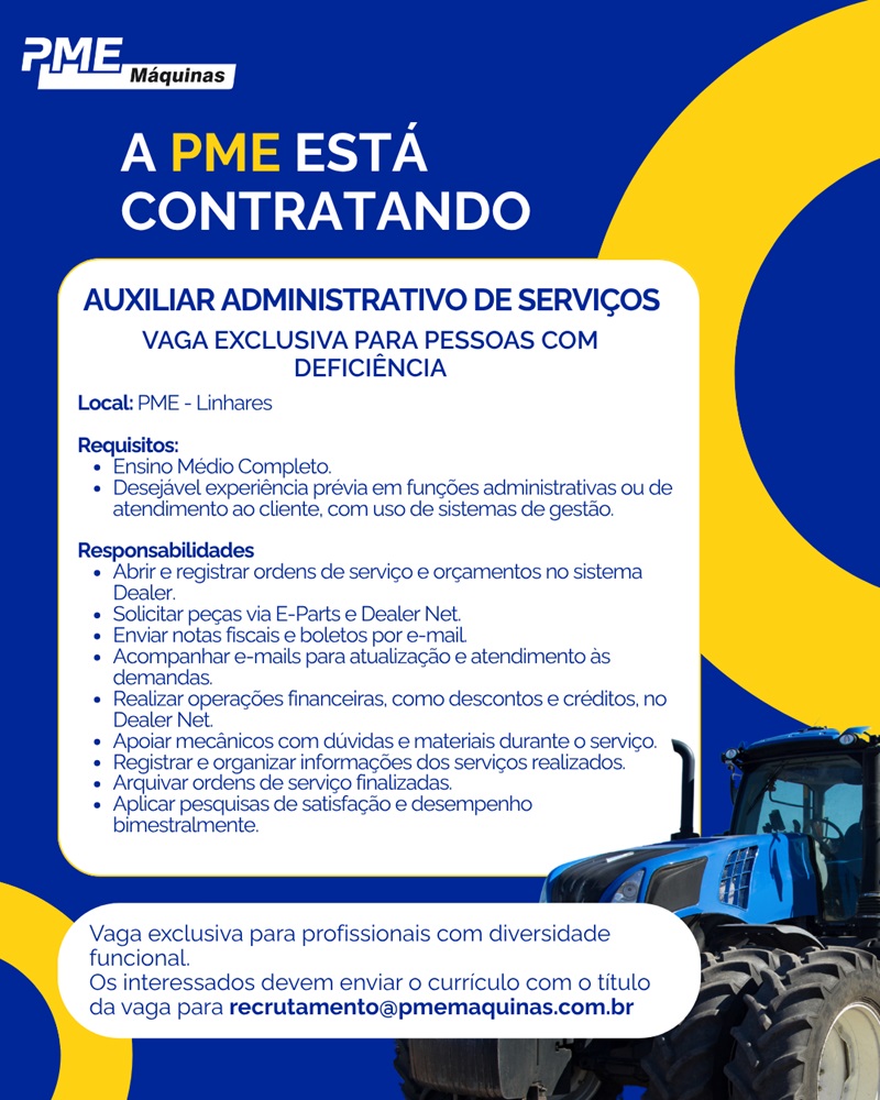 PME Máquinas contrata Auxiliar Administrativo de Serviços (Linhares)