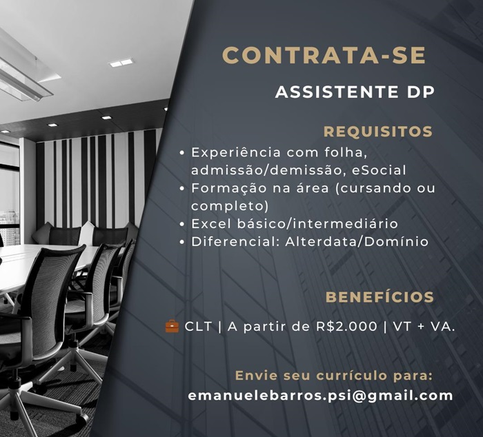 Vaga para Assistente de Departamento Pessoal