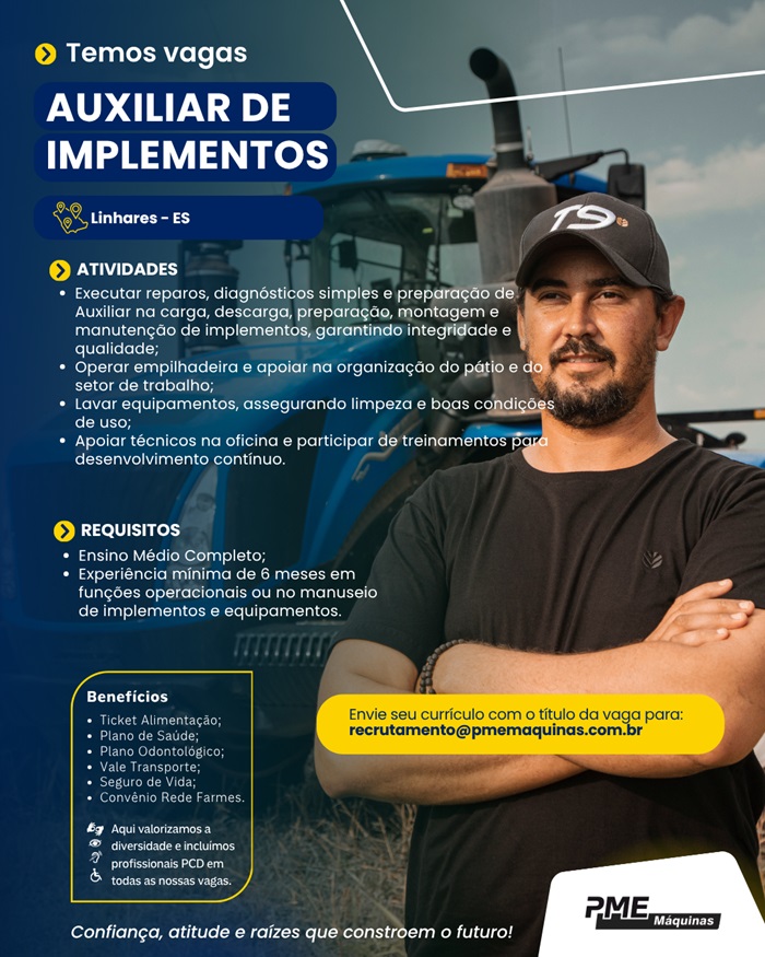 PME Máquinas contrata Auxiliar de Implementos