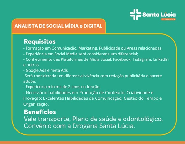 Santa Lúcia contrata Analista Social Mídia e Digital