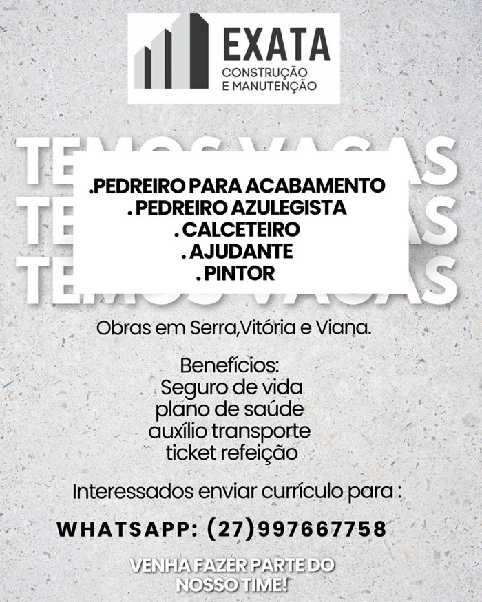 EXATA ABRE DIVERSAS VAGAS DE EMPREGO