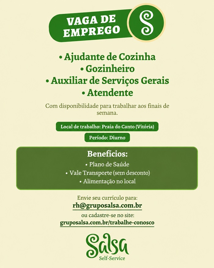 Salsa Self Service contrata Garçom, Cozinheiro e Ajudante de Cozinha