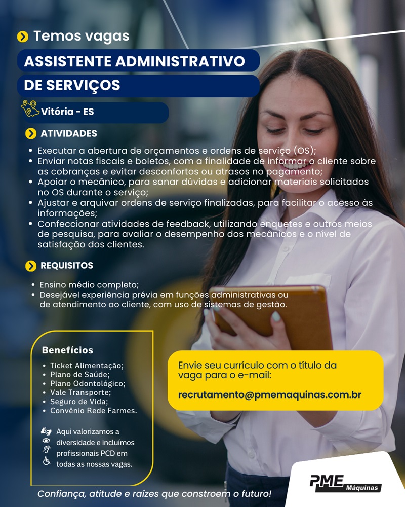 PME Máquinas contrata Auxiliar Administrativo de Serviços