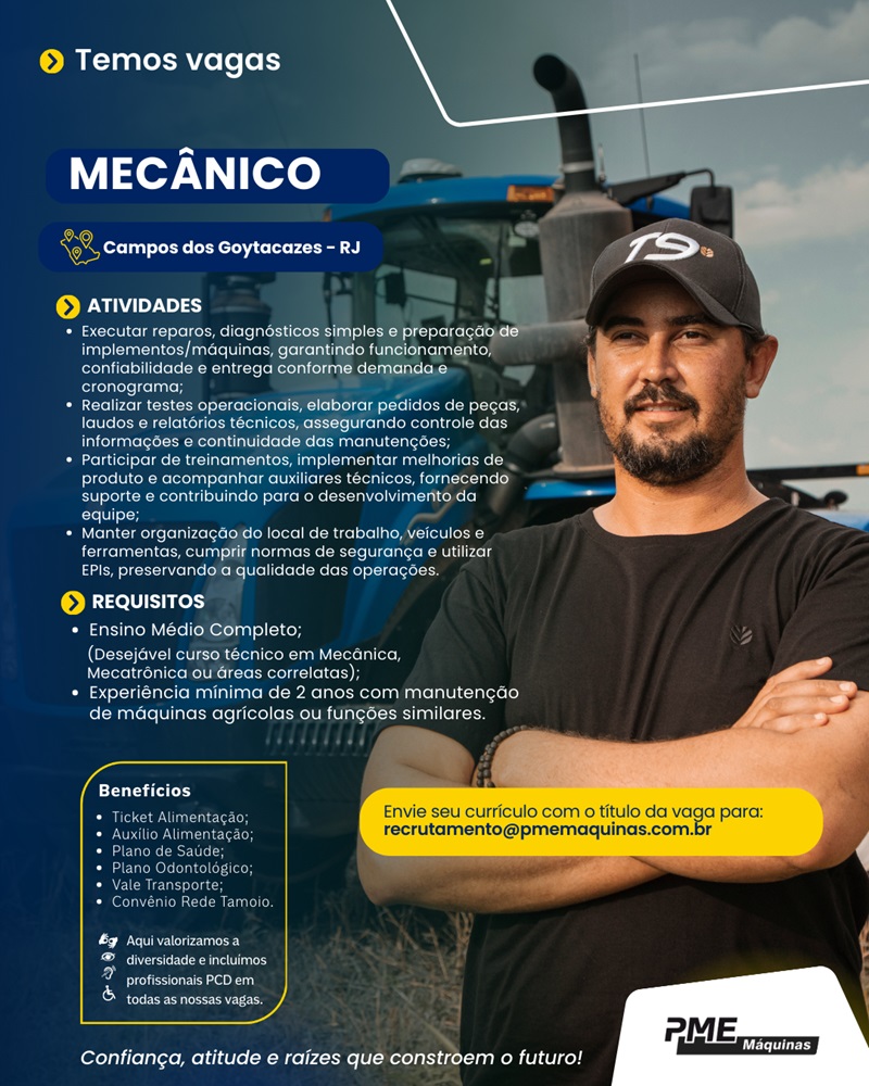 PME Máquinas contrata Mecânico – Campos dos Goytacazes/RJ