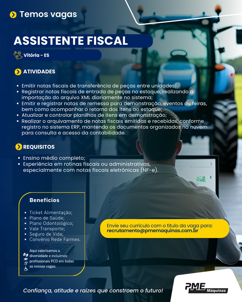 PME Máquinas contrata Assistente Fiscal (Vitória)