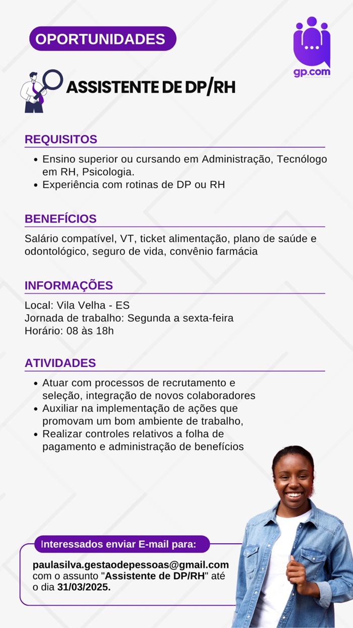 VAGA DE ASSISTENTE DE DP/RH