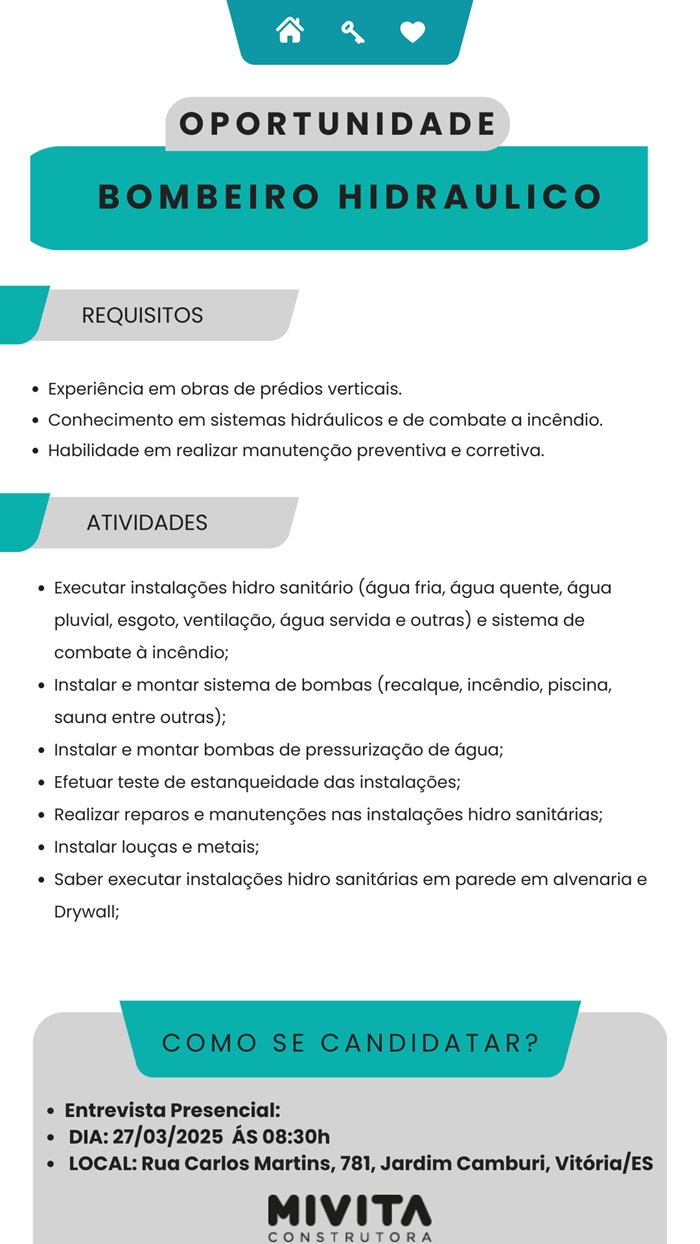 MIVITA CONSTRUTORA CONTRATA BOMBEIRO HIDRÁULICO