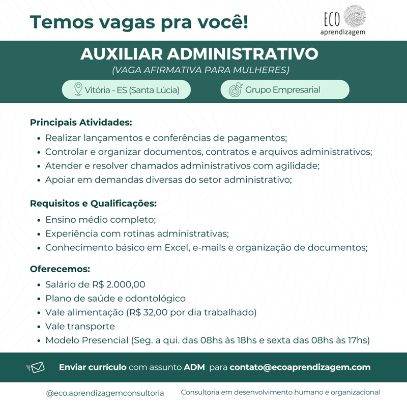 Vaga de Auxiliar Administrativo (Vaga afirmativa para mulheres)