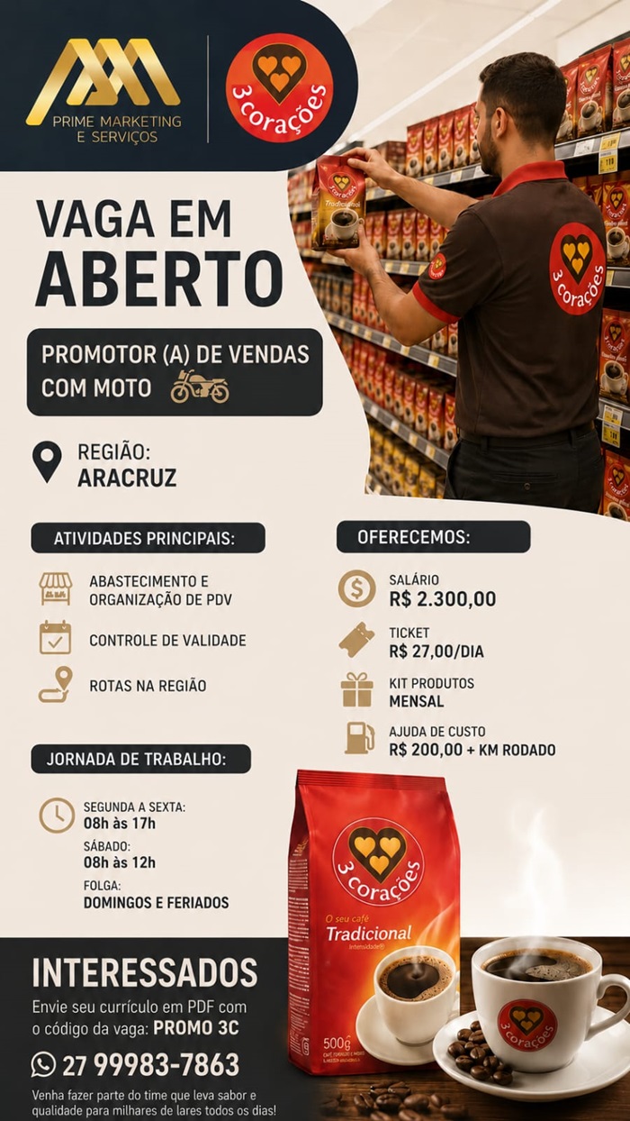 Vaga para Promotor(a) de Vendas com Moto (Aracruz – ES)