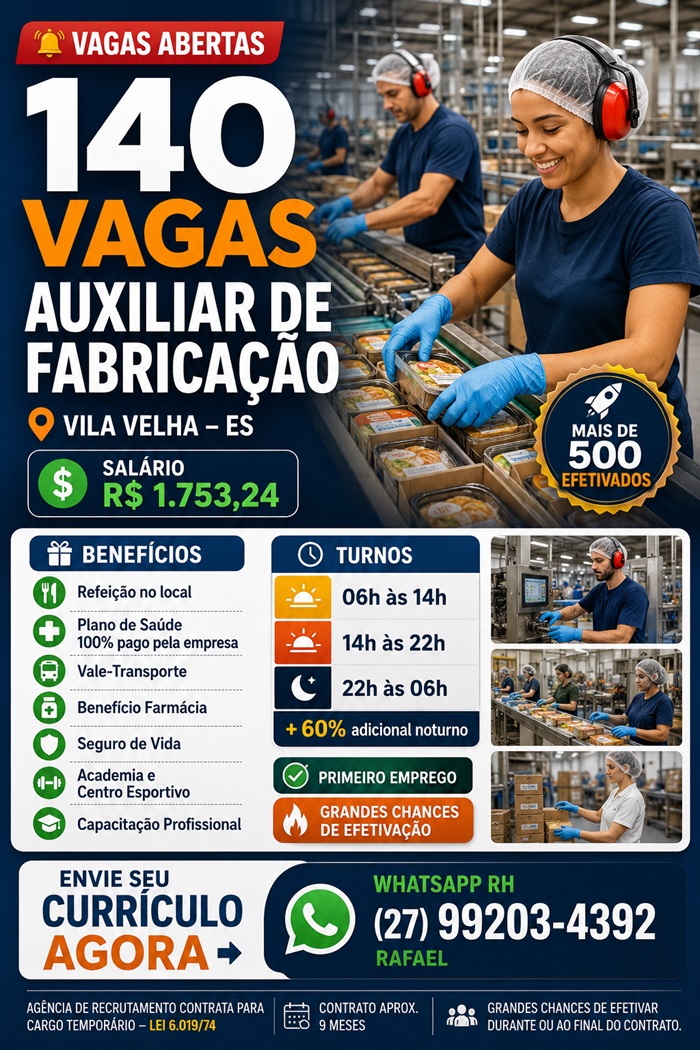 INDÚSTRIA DE GRANDE PORTE CONTRATA AUXILIAR DE FABRICAÇÃO – 140 VAGAS