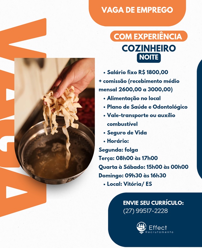 VAGA PARA COZINHEIRO (NOITE)