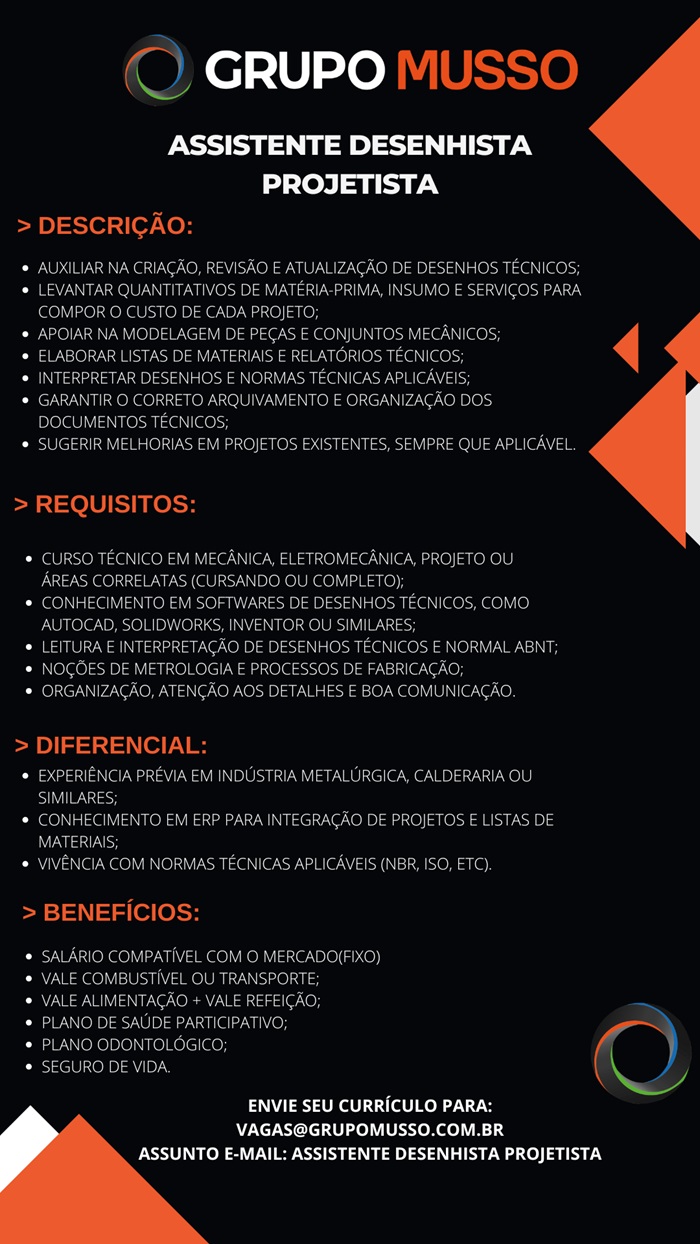 GRUPO MUSSO CONTRATA ASSISTENTE DESENHISTA PROJETISTA