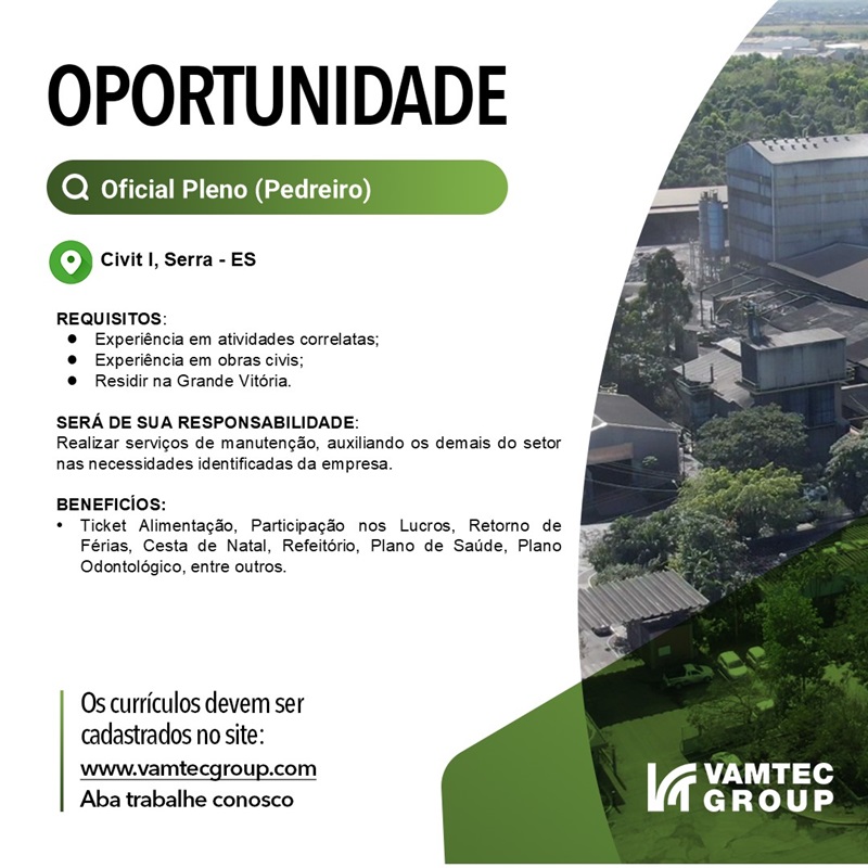 Vamtec Group contrata Oficial Pleno (Pedreiro)