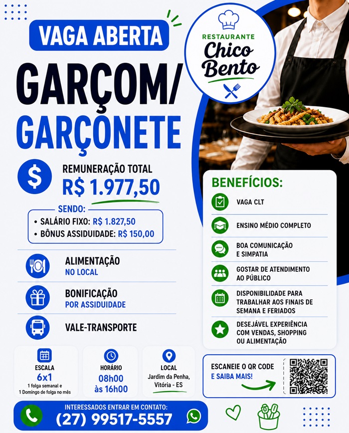 Restaurante Chico Bento contrata Garçom / Garçonete