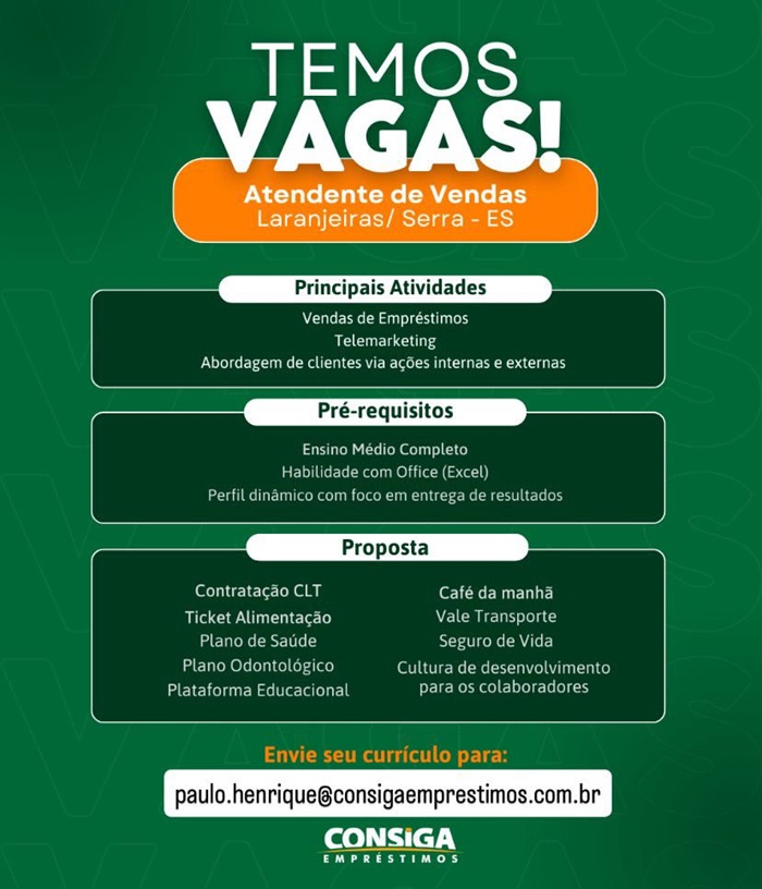 Consiga Empréstimos contrata Atendente de Vendas
