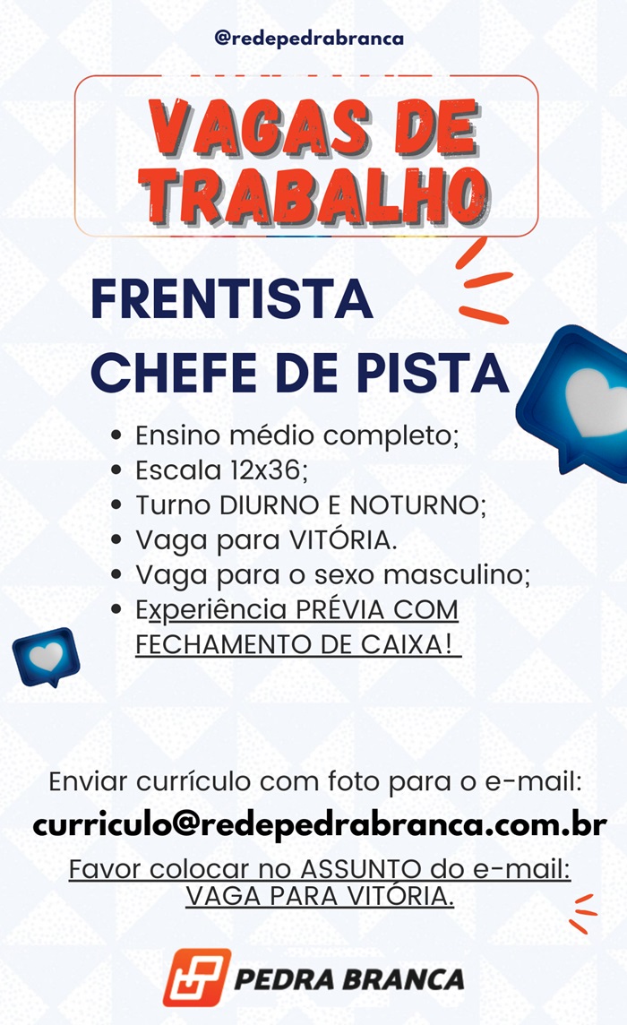 VAGA PARA FRENTISTA E CHEFE DE PISTA