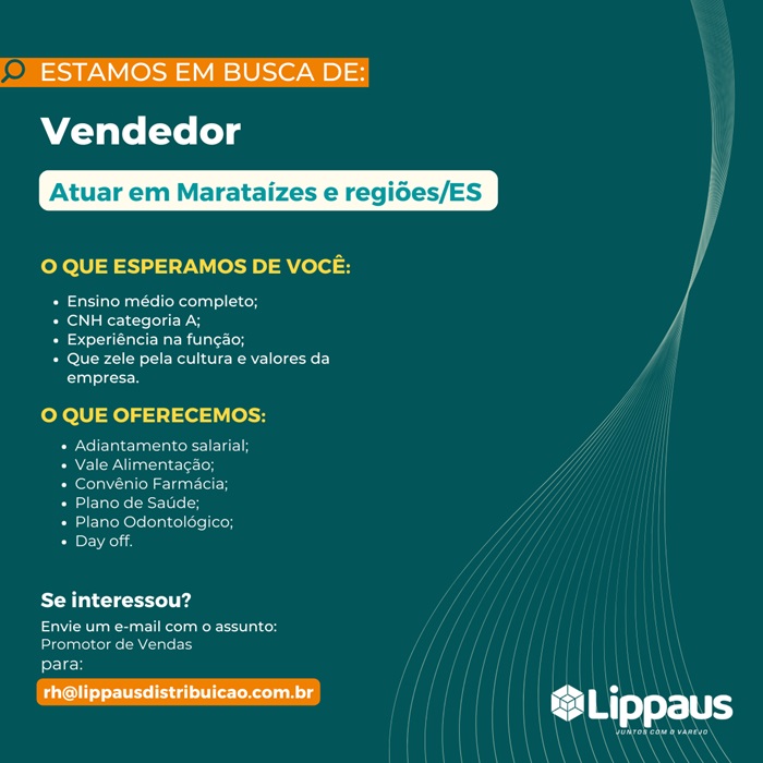 Lippaus Distribuidora contrata Vendedor (Marataízes)