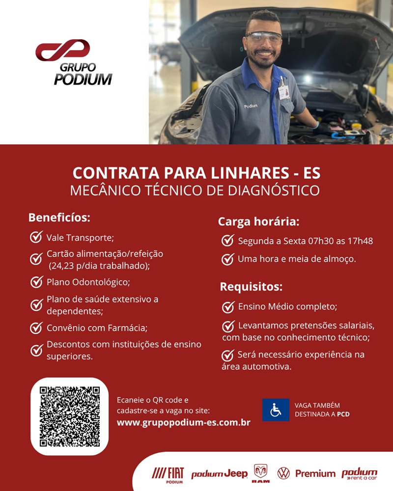 GRUPO PODIUM CONTRATA MECÂNICO TÉCNICO DE DIAGNÓSTICO