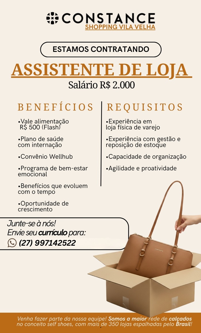 Constance contrata Assistente de Loja (Shopping Vila Velha)