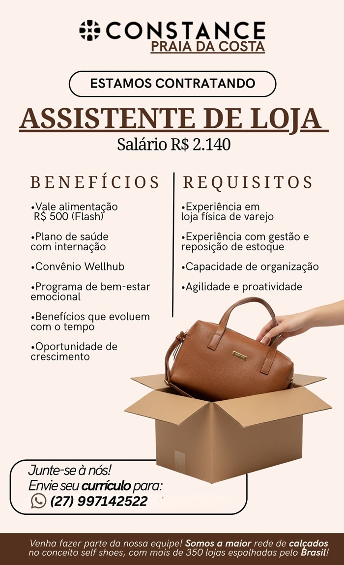 Constance contrata Assistente de Loja (Shopping Praia da Costa)