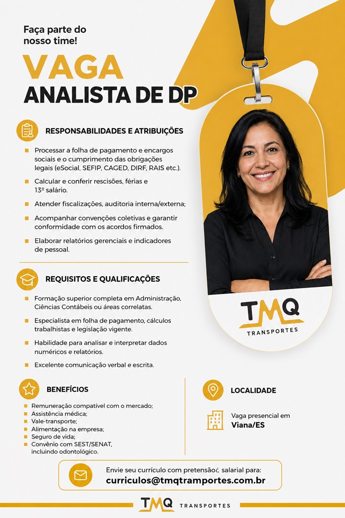 TMQ Transportes contrata Analista de Departamento Pessoal