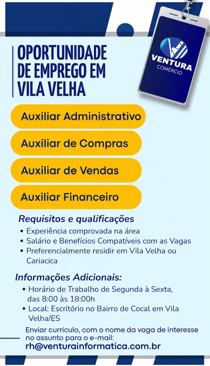 Vagas para Auxiliar Administrativo, Auxiliar de Compras, Auxiliar de Vendas e Auxiliar Financeiro