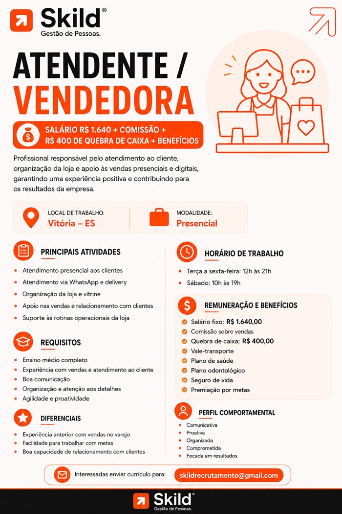 VAGA DE ATENDENTE / VENDEDORA