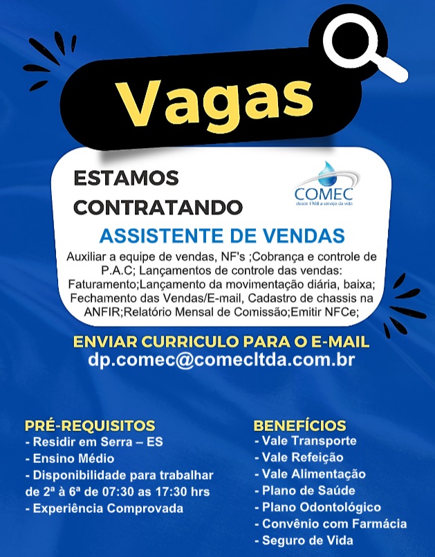 COMEC CONTRATA ASSISTENTE DE VENDAS