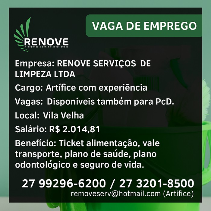 Vaga para Artífice com experiência