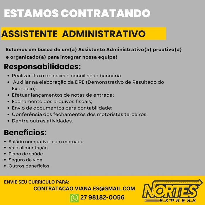 VAGA PARA ASSISTENTE ADMINISTRATIVO
