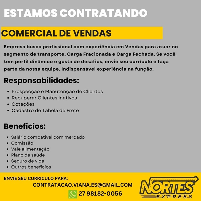 VAGA PARA COMERCIAL DE VENDAS