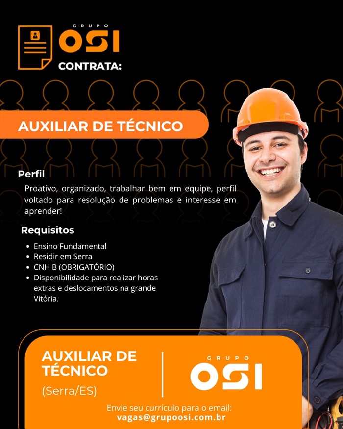 Vaga para Auxiliar de Técnico