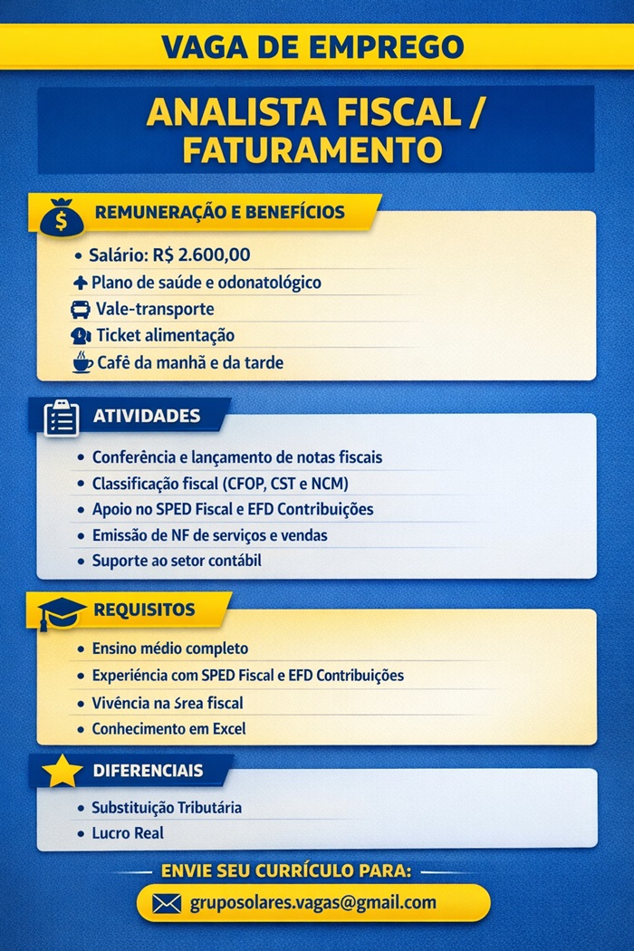 VAGA – ANALISTA FISCAL / FATURAMENTO