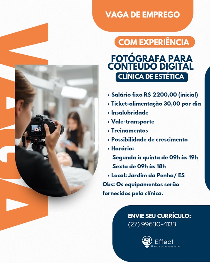 CLÍNICA DE ESTÉTICA CONTRATA FOTÓGRAFA PARA CONTEÚDO DIGITAL 