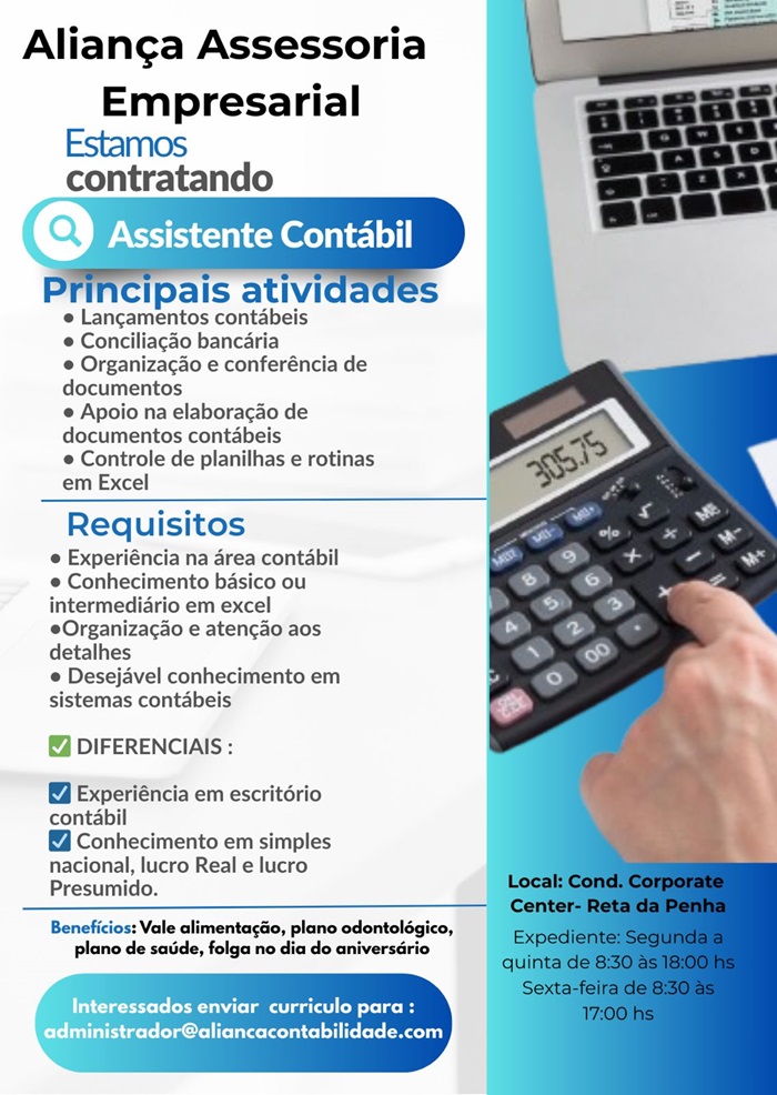 Vaga de Assistente Contábil (Aliança Assessoria Empresarial)