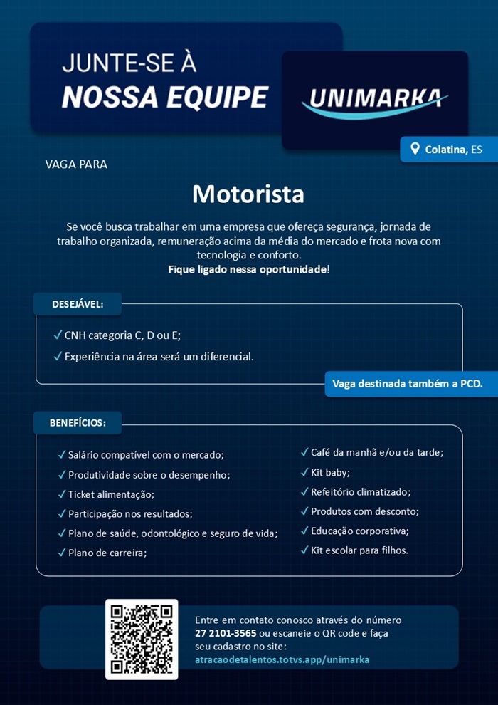 Unimarka contrata Motorista (Entrega e Carreta)