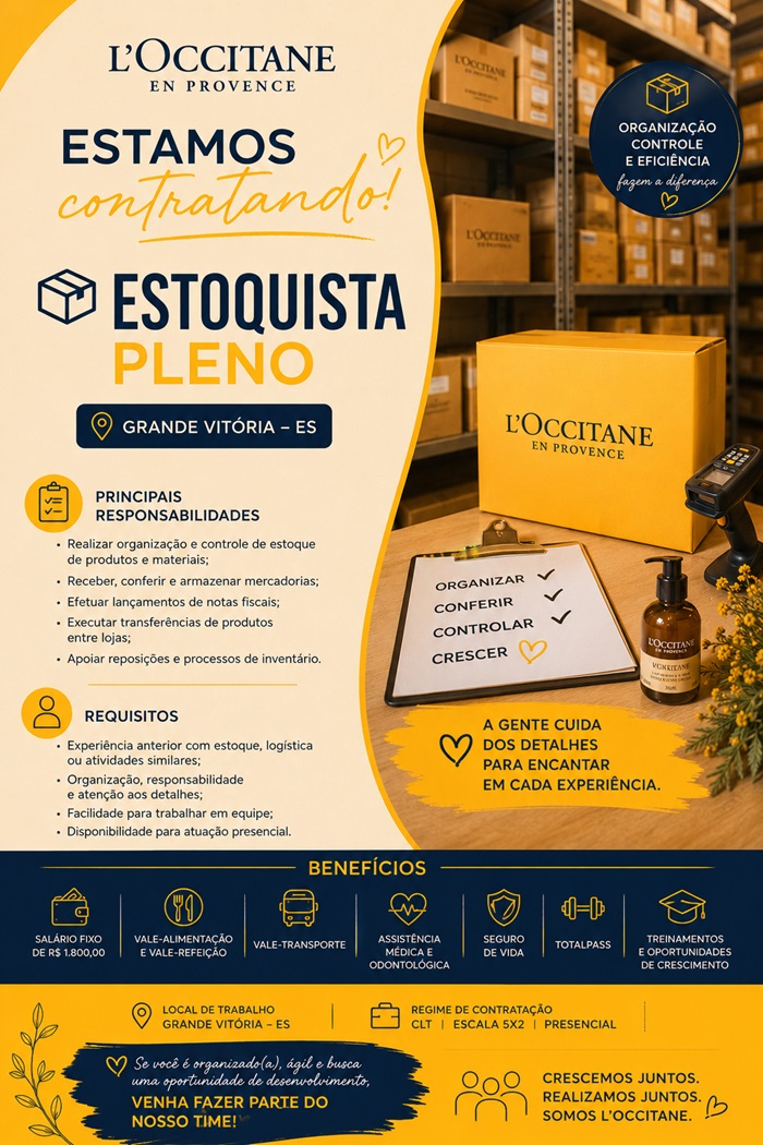 Vaga para Estoquista Pleno | L’Occitane | Grande Vitória – ES