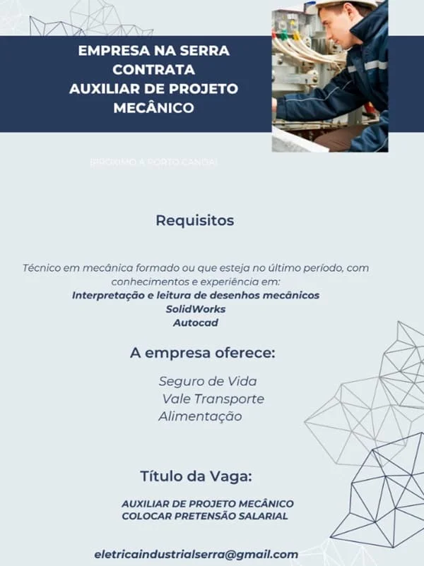 VAGA PARA AUXILIAR DE PROJETO MECÂNICO