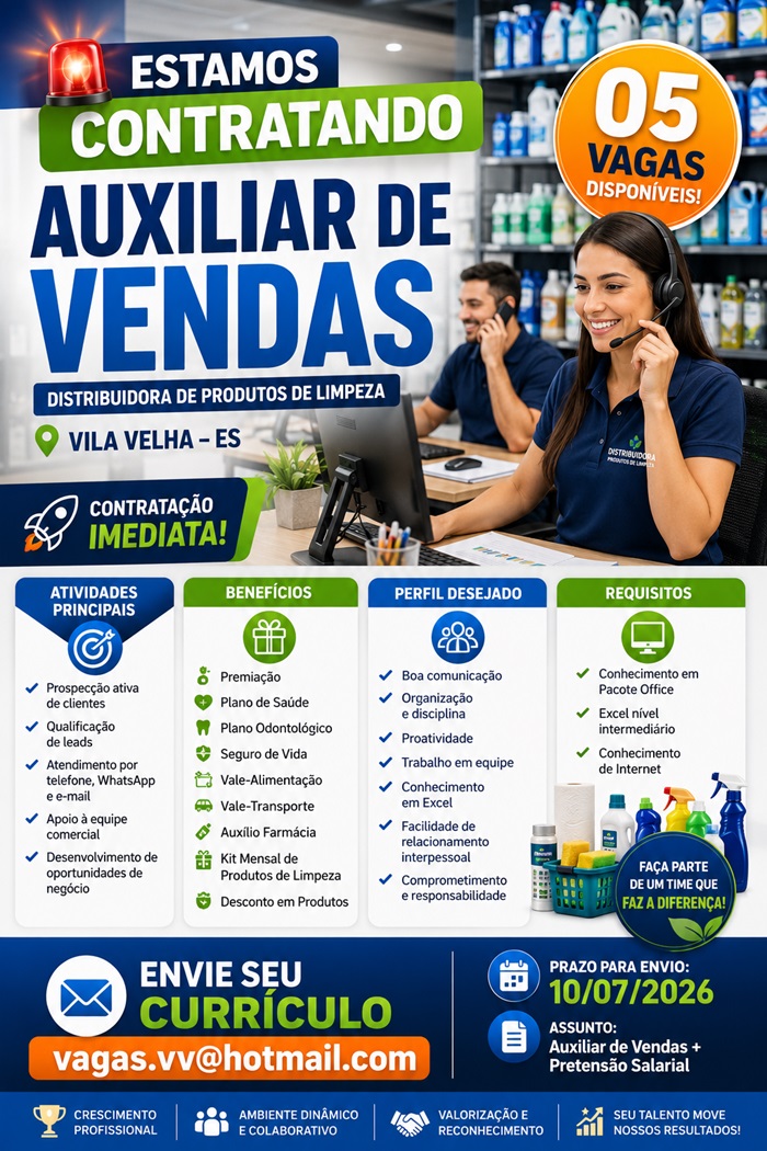 Distribuidora de produtos de limpeza contrata Auxiliar de Vendas