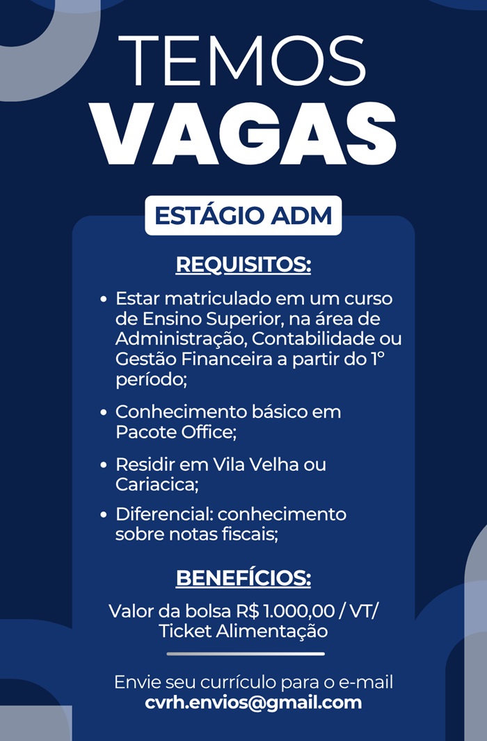 VAGA PARA ESTAGIÁRIO ADMINISTRATIVO