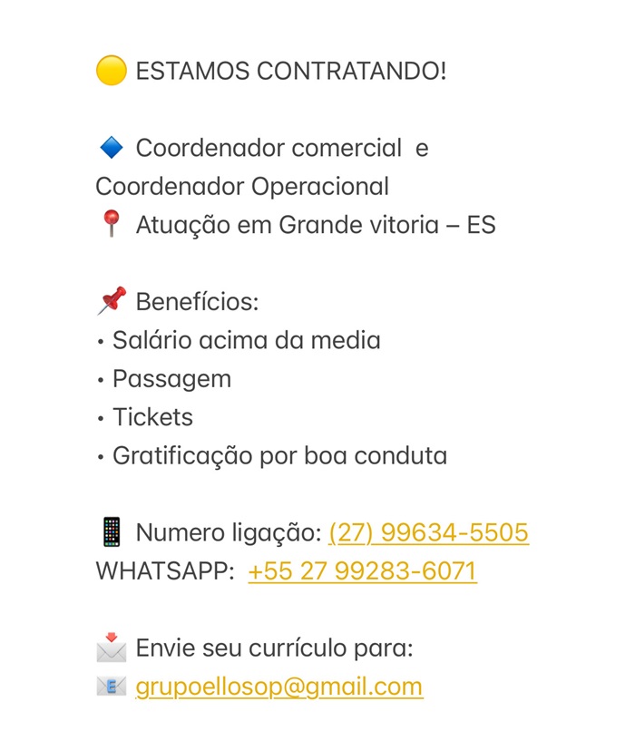 Vagas para Coordenador comercial e Coordenador Operacional