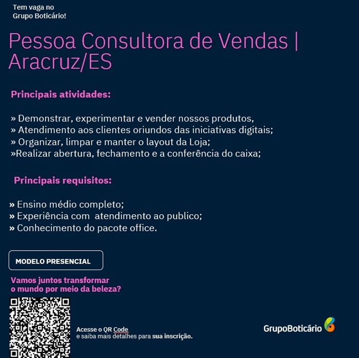 Grupo Boticário contrata Consultora de Vendas 