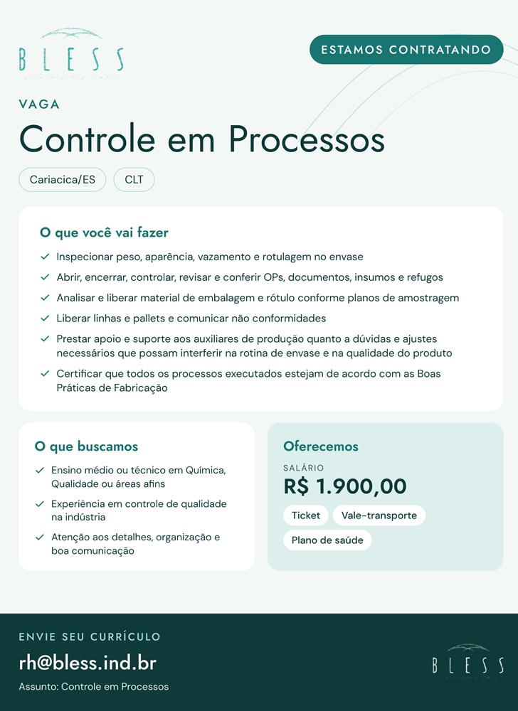 Bless Cosméticos contrata Controle em Processos