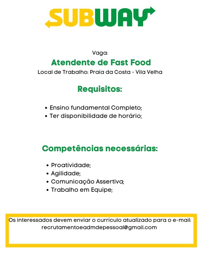 Subway contrata Atendente de Fast Food