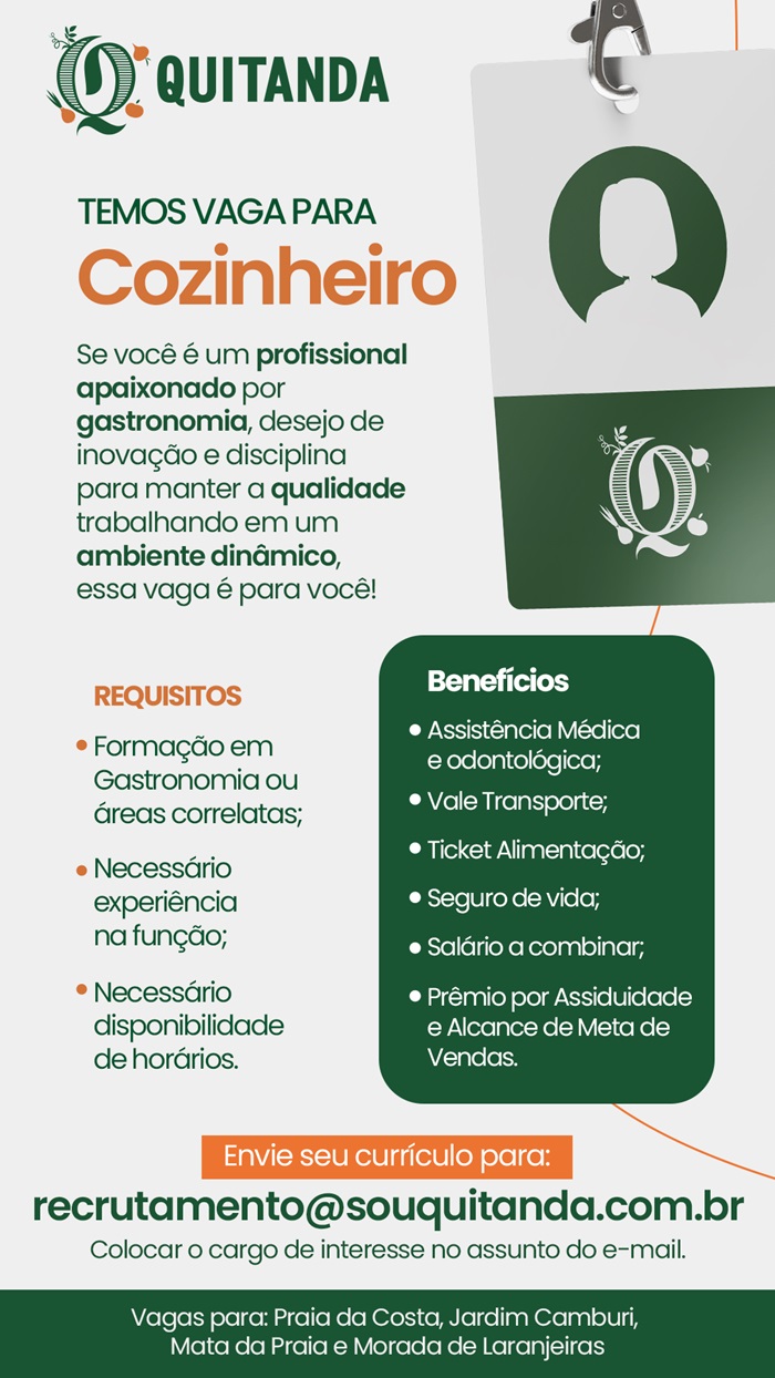 Quitanda contrata Cozinheiro