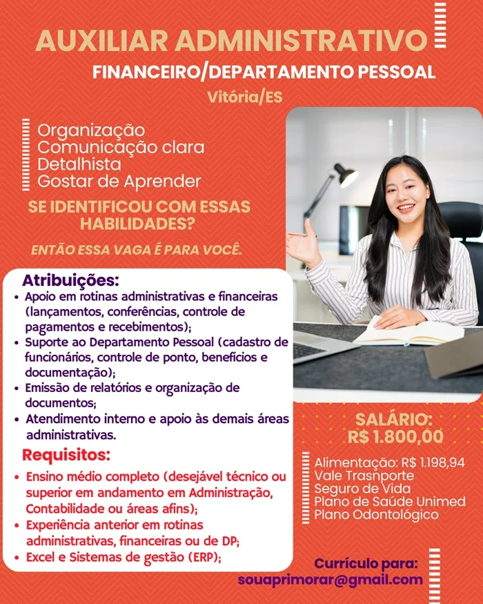 Vaga para Auxiliar Administrativo (Financeiro/Departamento Pessoal)