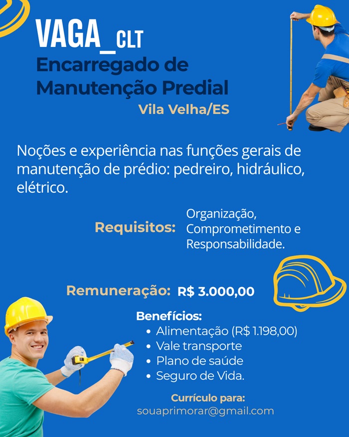 Vaga para Encarregado de Manutenção Predial (CLT)