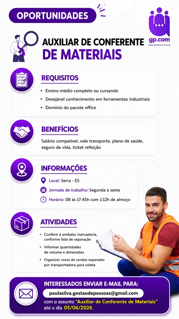 Vaga para Auxiliar de Conferente de Materiais